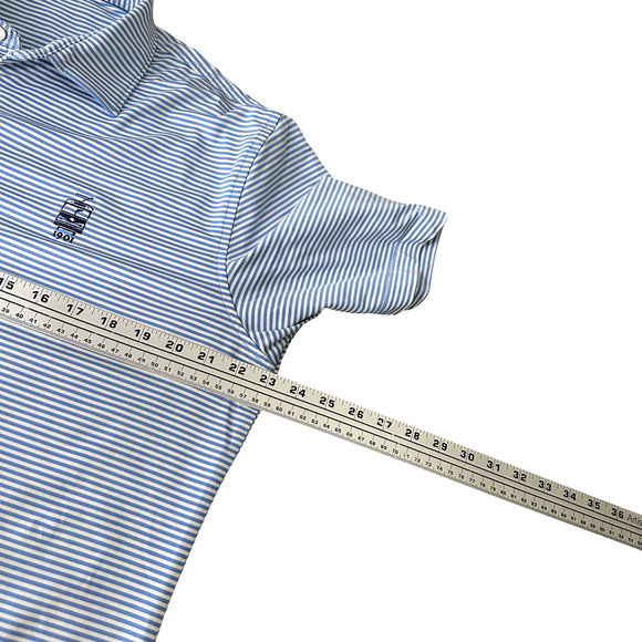 Peter Millar Summer Comfort Polo Shirt Men's Medium Blue White Striped Bus Logo - Picture 7 of 9